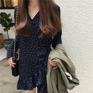 Dotted Ruffle Trim V-neck Long-sleeve A-line Dress