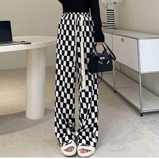 Drawstring Chessboard Wide-leg Pants