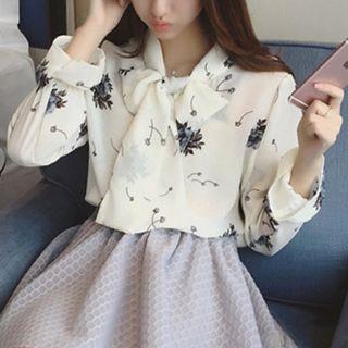Bow Printed Long-sleeve Blouse
