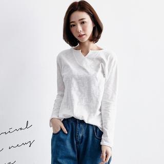 Notched-neck Long-sleeve Top