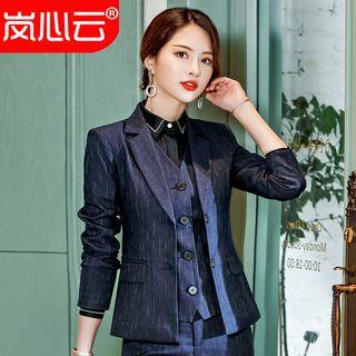 Striped Blazer / Dress Pants / Pencil Skirt / Bow Accent Blouse / V-neck Vest / Set