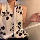 Sleeveless V-neck Print Blouse / Plain High-waist Pants