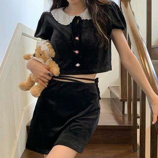 Short-sleeve Velvet Top / Mini A-line Skirt