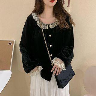 Long-sleeve Ruffle Velvet Blouse Black - One Size
