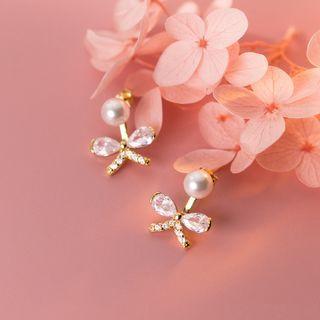 Bow Rhinestone Faux Pearl Sterling Silver Swing Earring 1 Pair - Gold & White - One Size