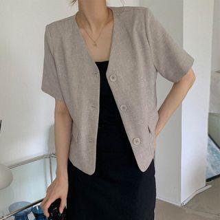 Collarless Short-sleeve Jacket Beige - One Size