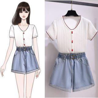 Short-sleeve Knit Top / High-waist Denim Shorts / Set