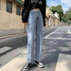 High-waist Heart Printed Straight Cut Loose Fit Jeans