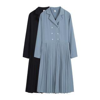 Long-sleeve Double Breasted Pleated Midi Dress