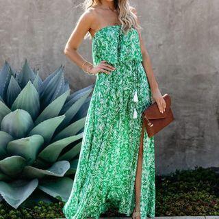 Strapless Leaf Print Maxi A-line Dress