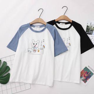 Short-sleeve Rabbit Cartoon Print Color-block T-shirt