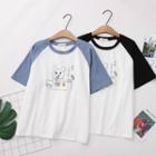 Short-sleeve Rabbit Cartoon Print Color-block T-shirt
