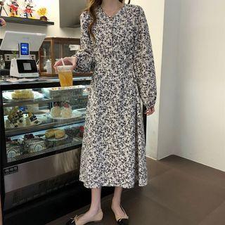 Long-sleeve Floral Printed Midi Dress White - One Size