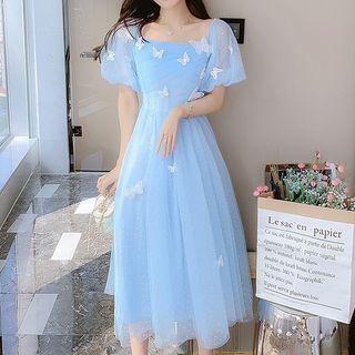Puff-sleeve Square-neck Butterfly Mesh Maxi Dress