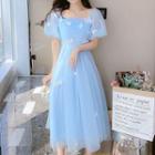 Puff-sleeve Square-neck Butterfly Mesh Maxi Dress