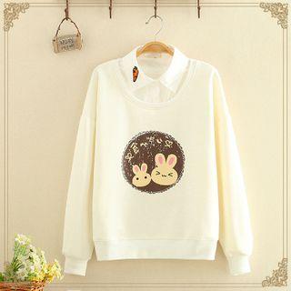 Fleece-lined Lapel Rabbit Printed Top
