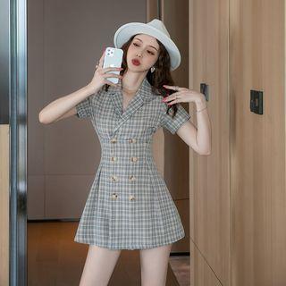 Short-sleeve Double-breasted Plaid Mini Blazer Dress