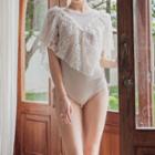 Lace Panel Drawstring Short-sleeve Swimsuit