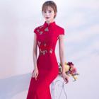 Mandarin Collar Floral Embroidered Cap-sleeve Evening Gown