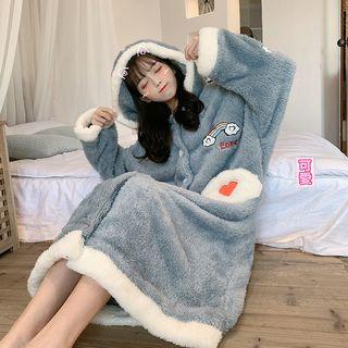Coral Fleece Embroidered Hooded Midi Robe Blue - One Size