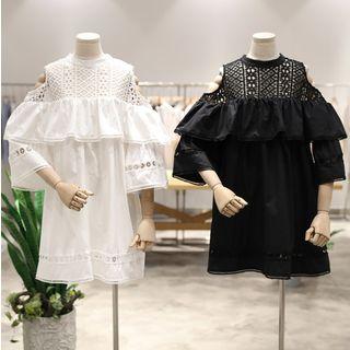 Ruffle Trim Perforated Cut Out Shoulder Short Sleeve Dress
