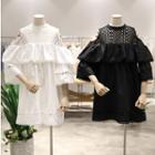 Ruffle Trim Perforated Cut Out Shoulder Short Sleeve Dress