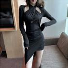 Asymmetric Halter-neck Long-sleeve Twisted Cutout Sheath Dress Black - One Size