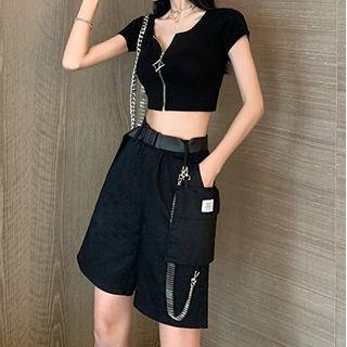 Short-sleeve Zip T-shirt / Wide-leg Cargo Shorts / Set