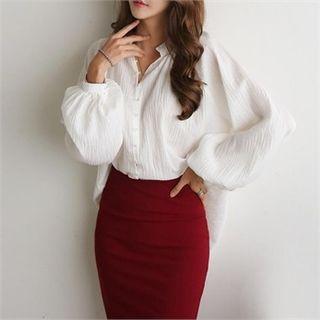 Balloon-sleeve Crinkled Blouse Ivory - One Size
