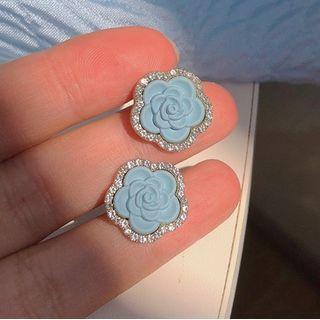 Flower Rhinestone Earring 1 Pair - Silver Needle - Blue - One Size