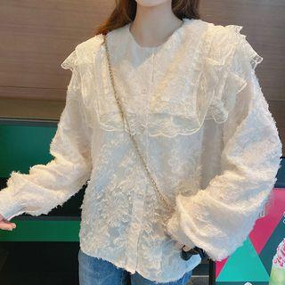 Fringed Ruffled Lace Blouse Almond - One Size