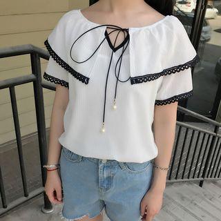 Lace Trim Ruffled Lace Up Top