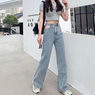 Short-sleeve Plain Cropped T-shirt / Color Block Jeans