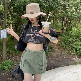 Short-sleeve Lettering T-shirt / Pocket Detail Mini Pencil Skirt