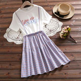 Mock Two-piece Short-sleeve A-line Plaid Dress