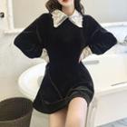 Lace Collar Long Sleeve Velvet Dress Black - One Size