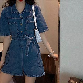 Plain Single-breasted Lace-up Short-sleeve Denim Jumper Shorts Blue - One Size