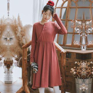 Diagonal Button Long-sleeve Knit Dress