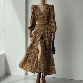 Lantern Sleeve V-neck Geo Pattern Maxi Dress Coffee - One Size