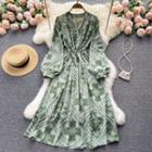 V-neck Drawstring Lace-up Strap Retro Floral Dress