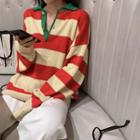 Striped Long-sleeve Knit Polo Shirt Stripes - Tangerine & Yellow - One Size