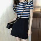 Short-sleeve Striped Knit Top / A-line Mini Skirt