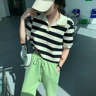 Short-sleeve Striped Cutout Polo Shirt