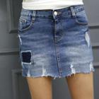 Inset-shorts Distressed Denim Miniskirt