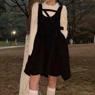 Frill Trim Cardigan / A-line Overall Dress