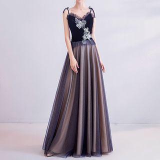 Flower Embroidered Spaghetti Strap A-line Evening Gown