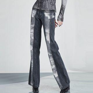 High Waist Printed Washed Flared Jeans