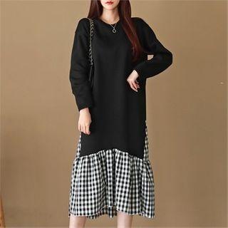 Check Ruffled Long T-shirt Dress