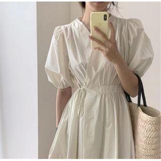 V-neck Plain Midi A-line Dress White - One Size
