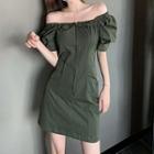 Puff-sleeve Off-shoulder Ruffle Trim A-line Dress